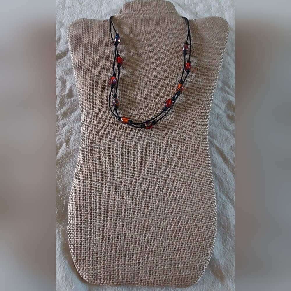Handmade Black Leather & Red Beaded Necklace